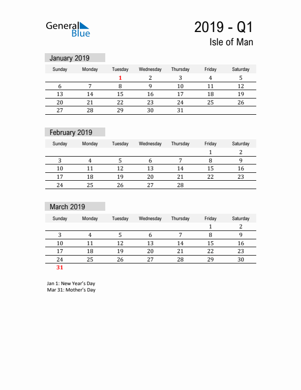 Isle of Man Quarter 1 2019 Calendar with Holidays