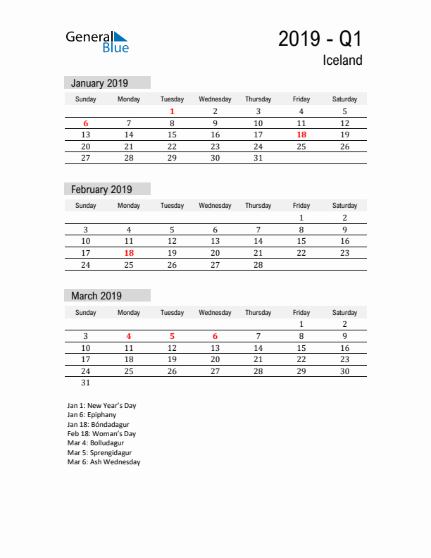 Iceland Quarter 1 2019 Calendar with Holidays