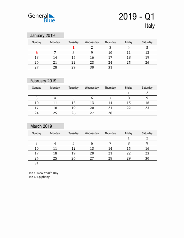 Italy Quarter 1 2019 Calendar with Holidays