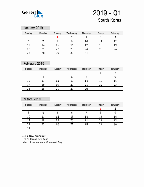 South Korea Quarter 1 2019 Calendar with Holidays