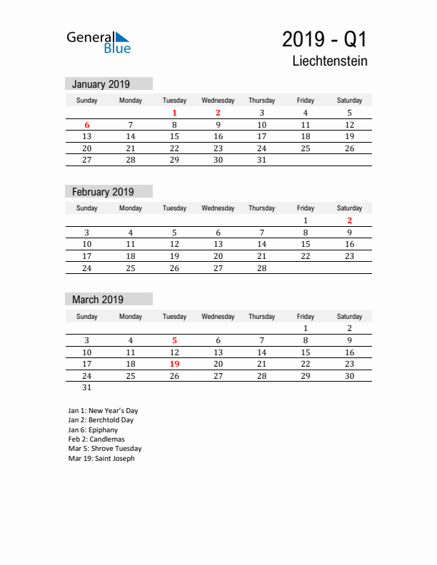 Liechtenstein Quarter 1 2019 Calendar with Holidays