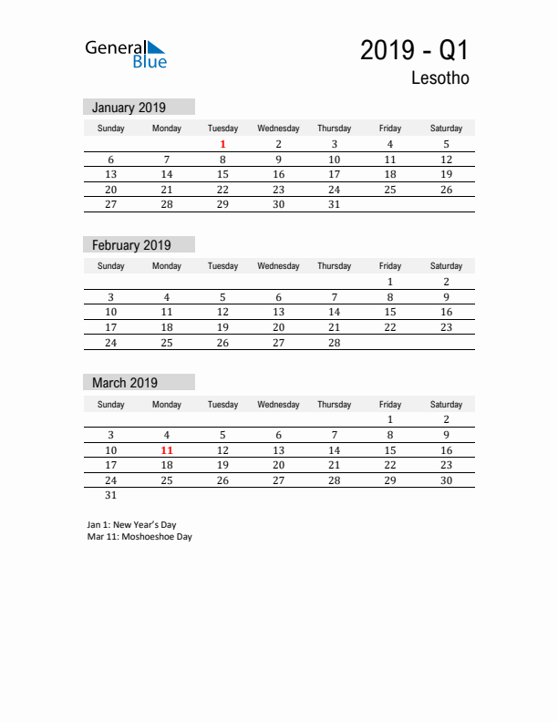 Lesotho Quarter 1 2019 Calendar with Holidays