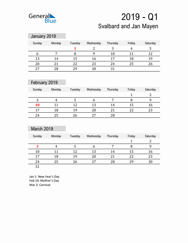 Svalbard and Jan Mayen Quarter 1 2019 Calendar with Holidays