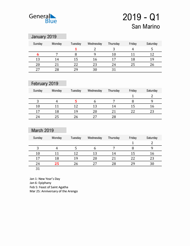 San Marino Quarter 1 2019 Calendar with Holidays