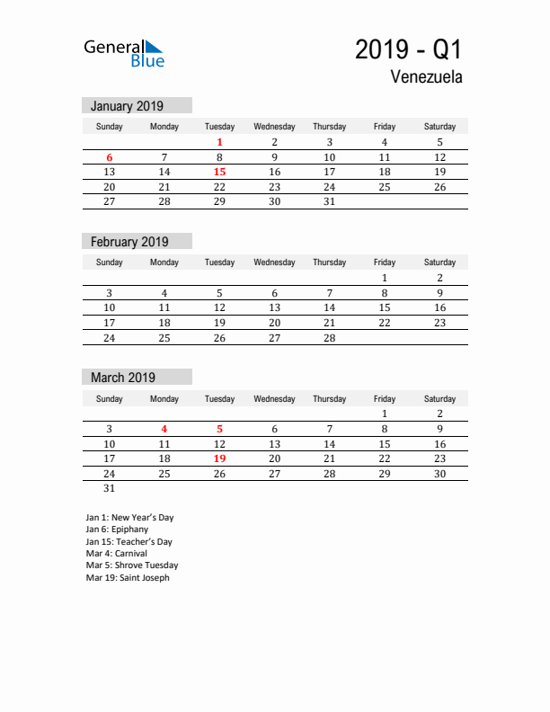 Venezuela Quarter 1 2019 Calendar with Holidays