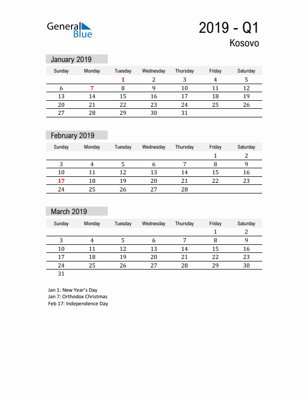 Kosovo Quarter 1 2019 Calendar with Holidays