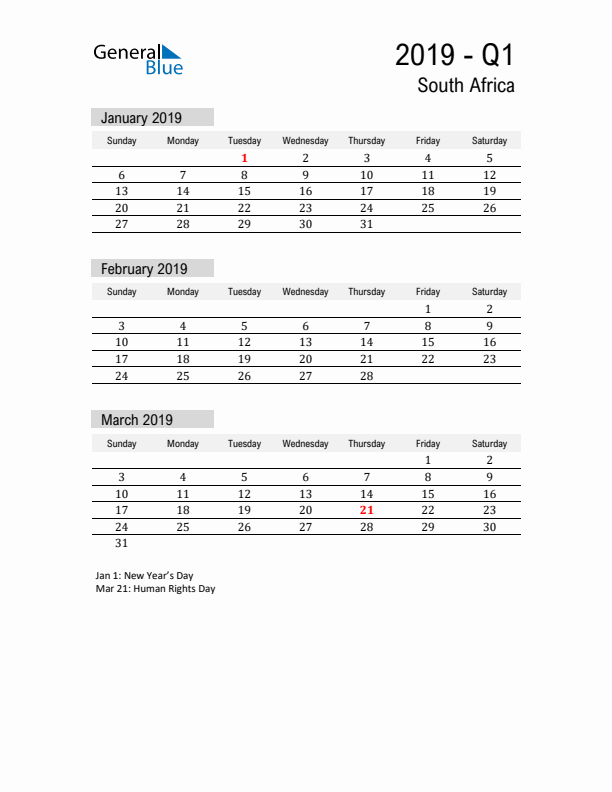 South Africa Quarter 1 2019 Calendar with Holidays