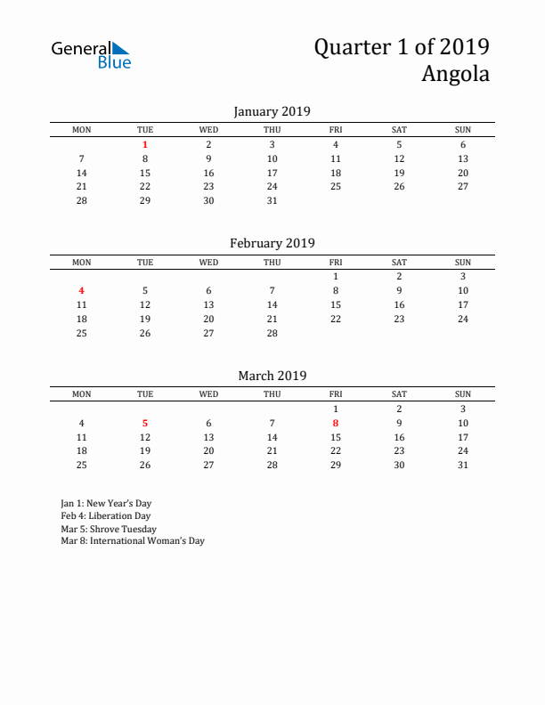 Quarter 1 2019 Angola Quarterly Calendar