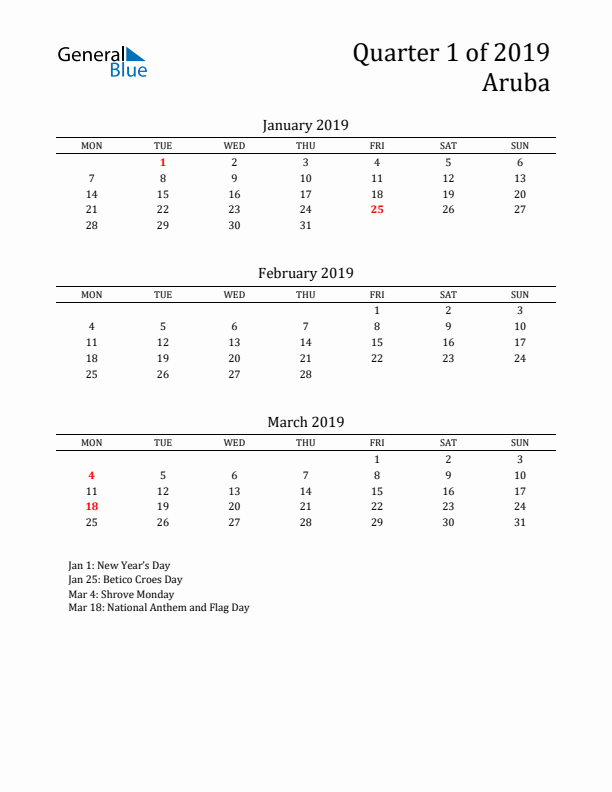 Quarter 1 2019 Aruba Quarterly Calendar