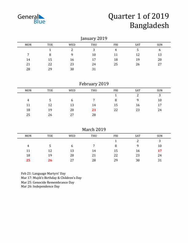 Quarter 1 2019 Bangladesh Quarterly Calendar