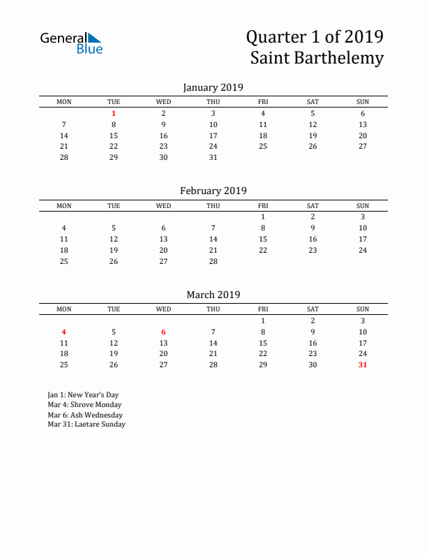 Quarter 1 2019 Saint Barthelemy Quarterly Calendar