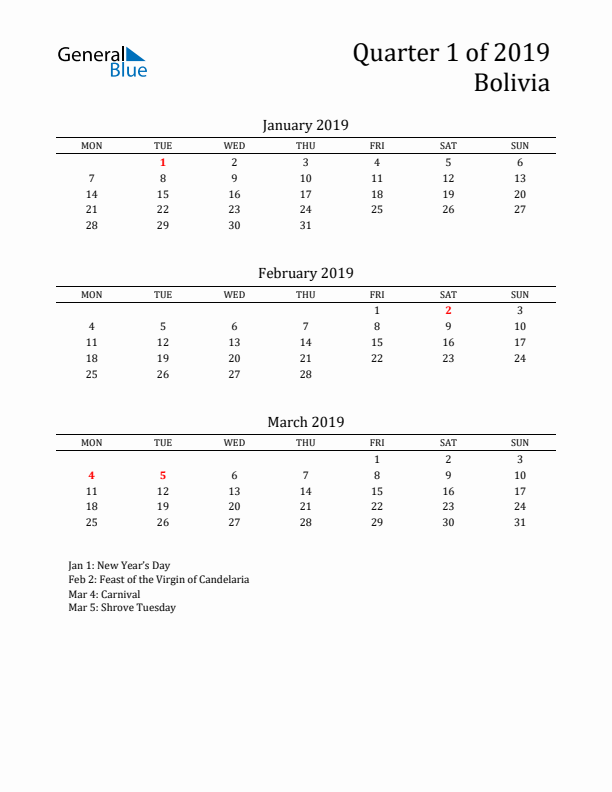 Quarter 1 2019 Bolivia Quarterly Calendar