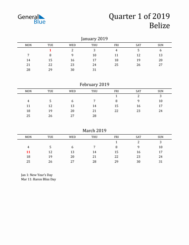 Quarter 1 2019 Belize Quarterly Calendar