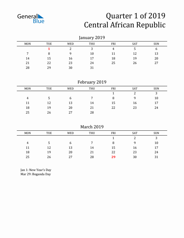 Quarter 1 2019 Central African Republic Quarterly Calendar