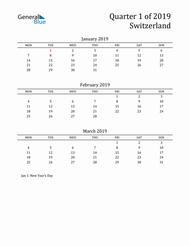 Quarter 1 2019 Switzerland Quarterly Calendar