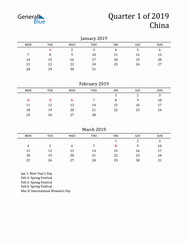 Quarter 1 2019 China Quarterly Calendar