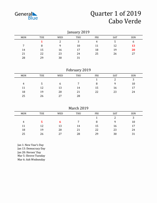 Quarter 1 2019 Cabo Verde Quarterly Calendar