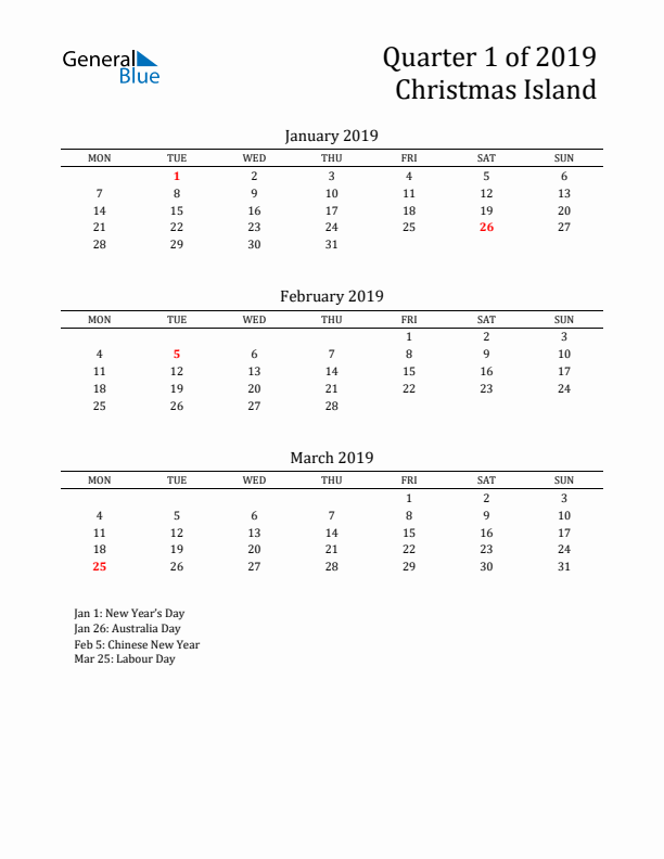 Quarter 1 2019 Christmas Island Quarterly Calendar