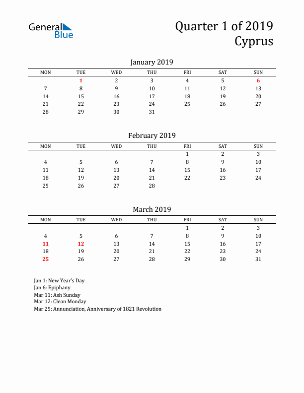 Quarter 1 2019 Cyprus Quarterly Calendar