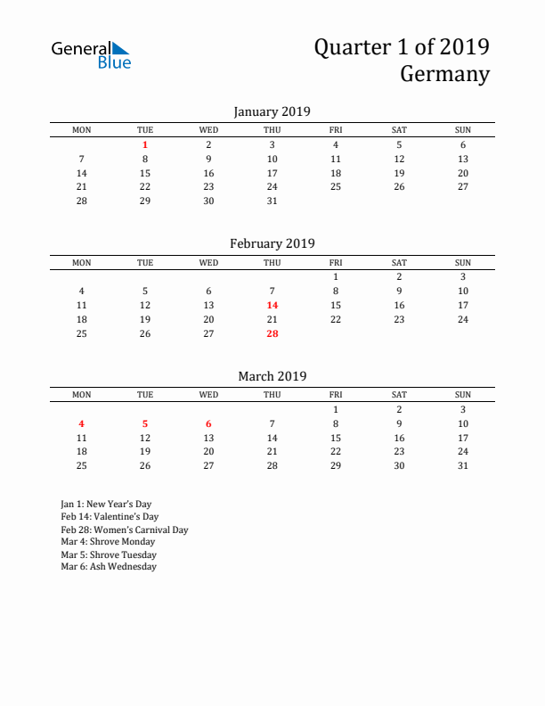 Quarter 1 2019 Germany Quarterly Calendar