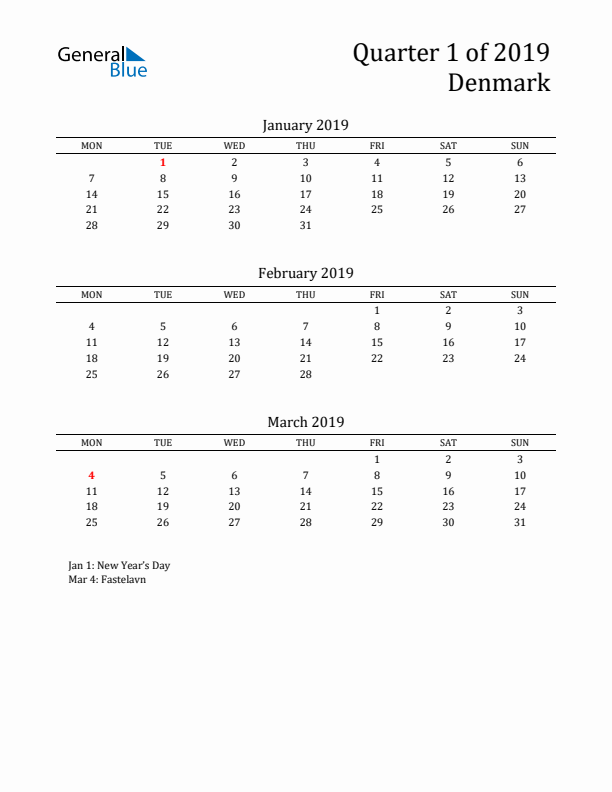 Quarter 1 2019 Denmark Quarterly Calendar