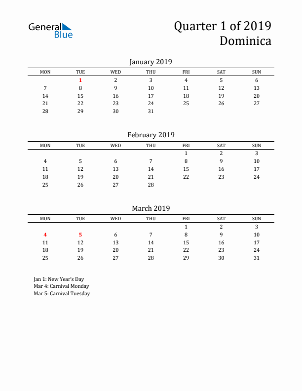 Quarter 1 2019 Dominica Quarterly Calendar