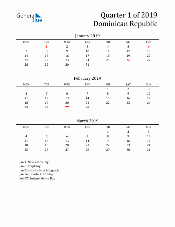 Quarter 1 2019 Dominican Republic Quarterly Calendar