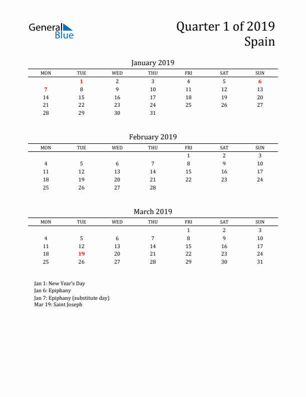 Quarter 1 2019 Spain Quarterly Calendar