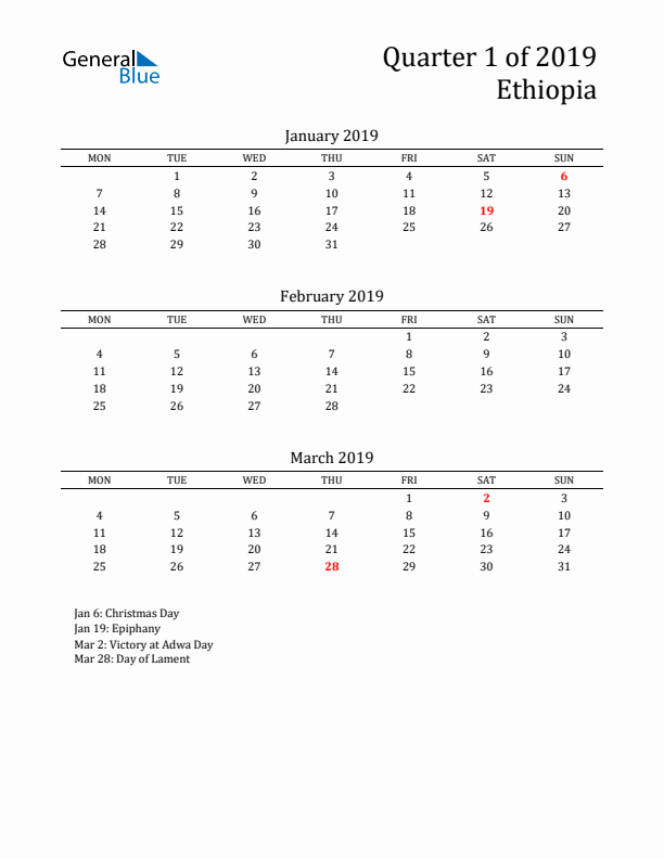 Quarter 1 2019 Ethiopia Quarterly Calendar