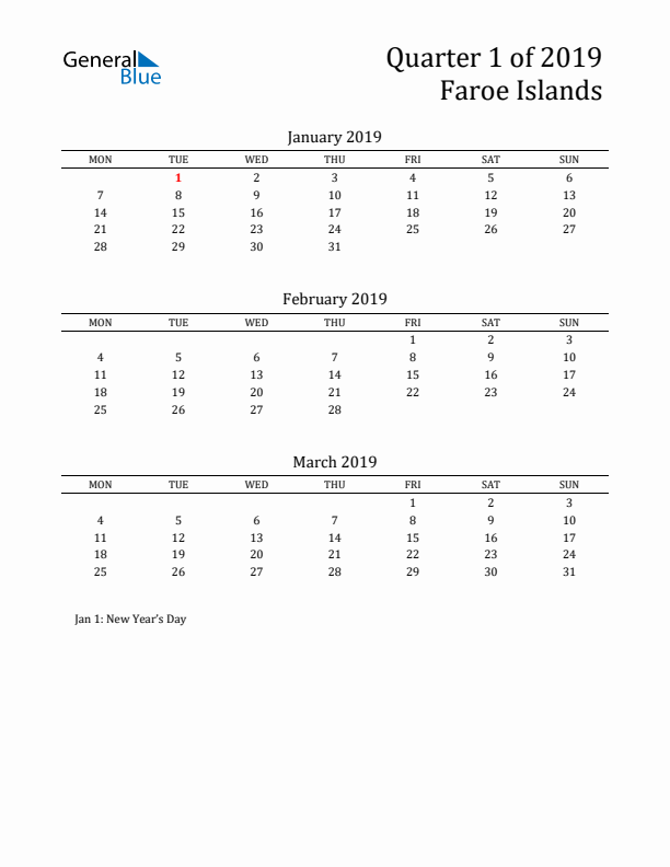 Quarter 1 2019 Faroe Islands Quarterly Calendar