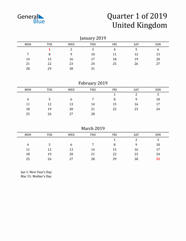 Quarter 1 2019 United Kingdom Quarterly Calendar