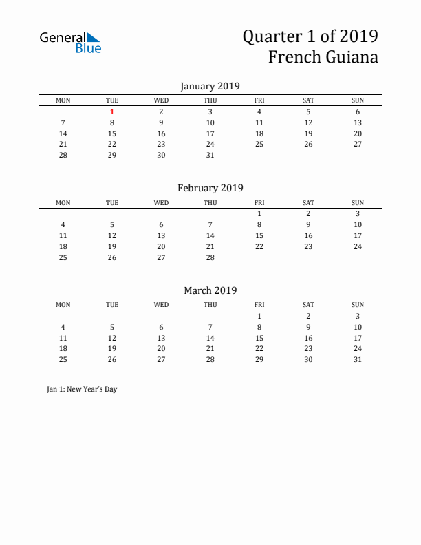 Quarter 1 2019 French Guiana Quarterly Calendar