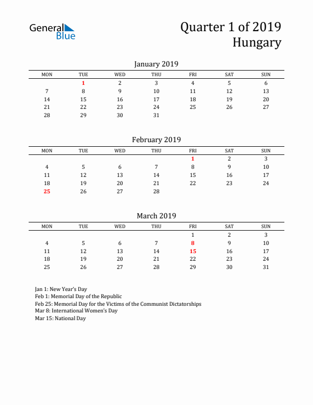 Quarter 1 2019 Hungary Quarterly Calendar