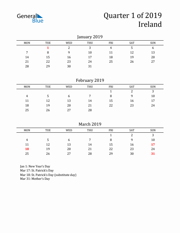 Quarter 1 2019 Ireland Quarterly Calendar