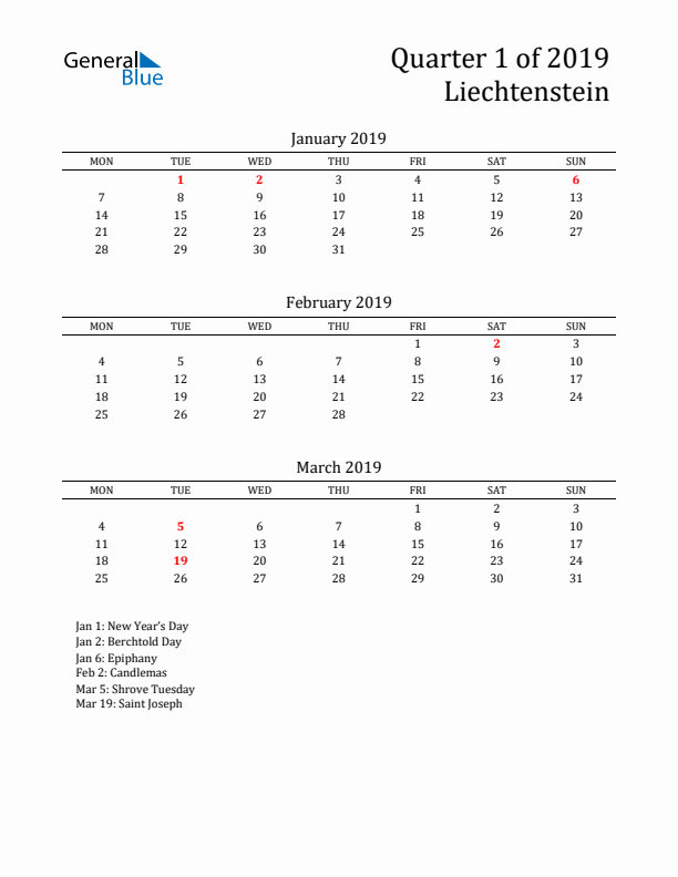 Quarter 1 2019 Liechtenstein Quarterly Calendar