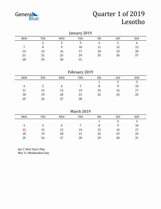 Quarter 1 2019 Lesotho Quarterly Calendar