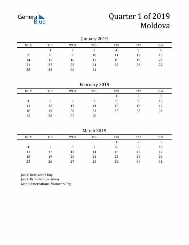 Quarter 1 2019 Moldova Quarterly Calendar