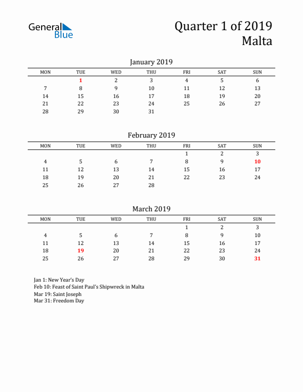 Quarter 1 2019 Malta Quarterly Calendar