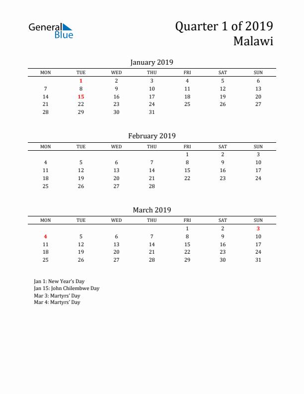 Quarter 1 2019 Malawi Quarterly Calendar