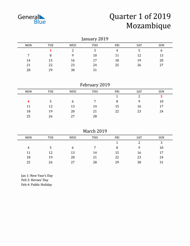 Quarter 1 2019 Mozambique Quarterly Calendar