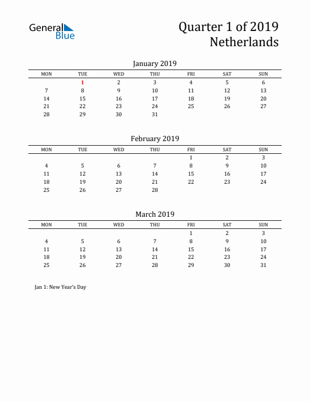 Quarter 1 2019 The Netherlands Quarterly Calendar