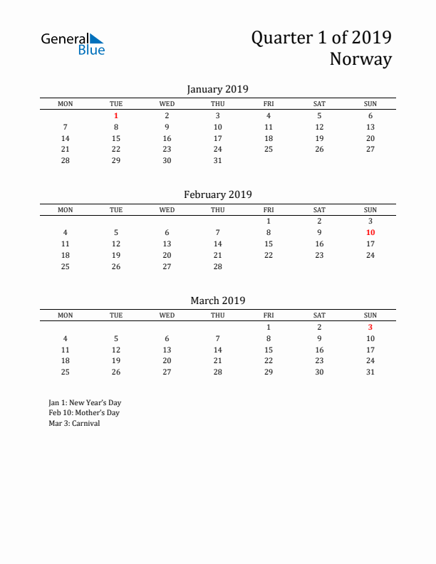 Quarter 1 2019 Norway Quarterly Calendar