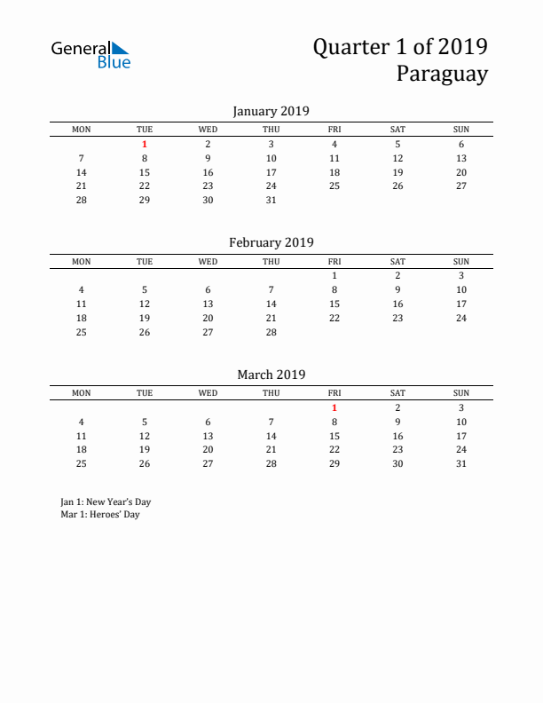 Quarter 1 2019 Paraguay Quarterly Calendar