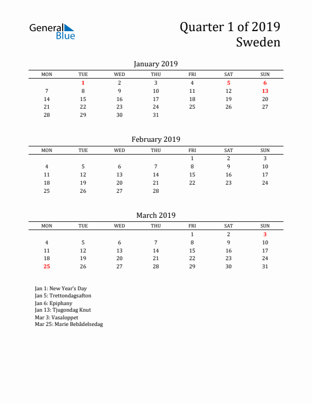 Quarter 1 2019 Sweden Quarterly Calendar