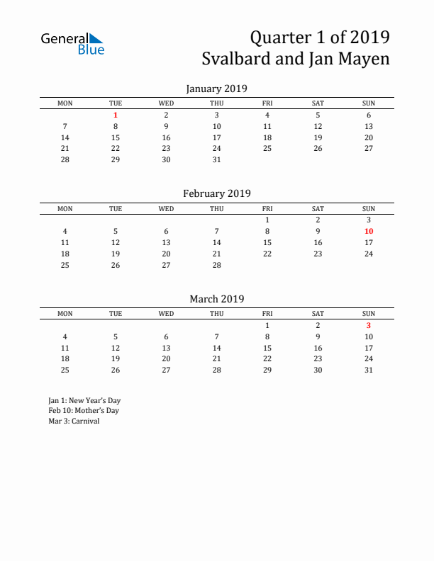 Quarter 1 2019 Svalbard and Jan Mayen Quarterly Calendar