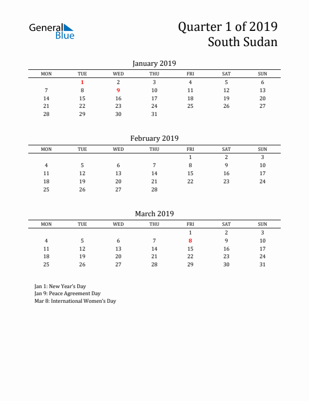 Quarter 1 2019 South Sudan Quarterly Calendar