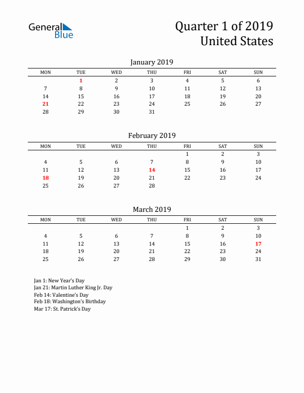 Quarter 1 2019 United States Quarterly Calendar