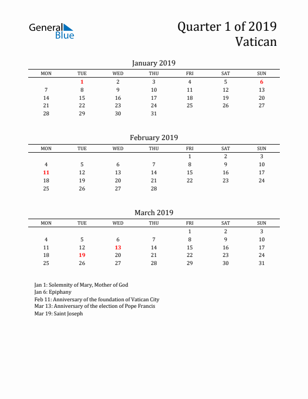 Quarter 1 2019 Vatican Quarterly Calendar