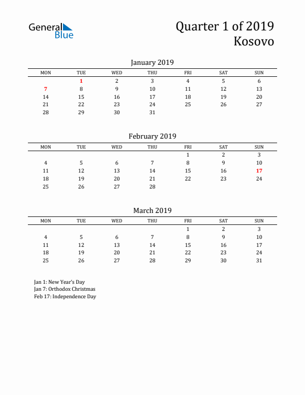 Quarter 1 2019 Kosovo Quarterly Calendar