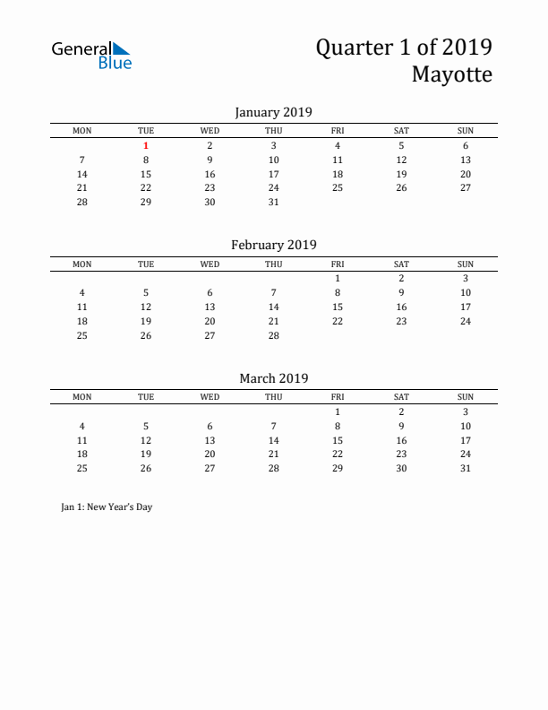 Quarter 1 2019 Mayotte Quarterly Calendar